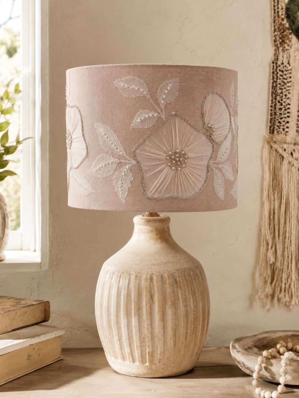 Made in India✨Boho Shabby Chic Beaded Embroidered Drum Lamp Shade- Beige